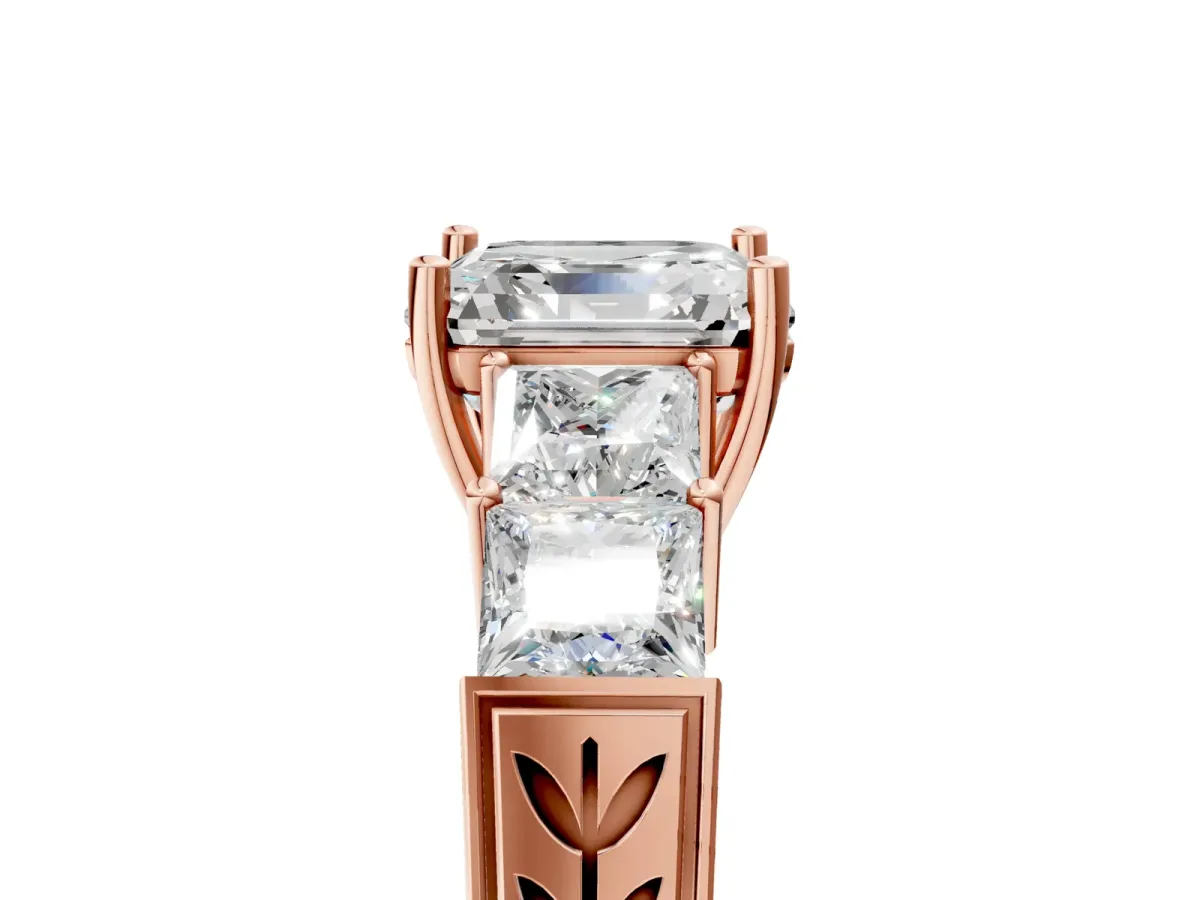 Asscher Cut Solitaire Princess Side Stone Engraved Band Prong Setting Ring Rose gold