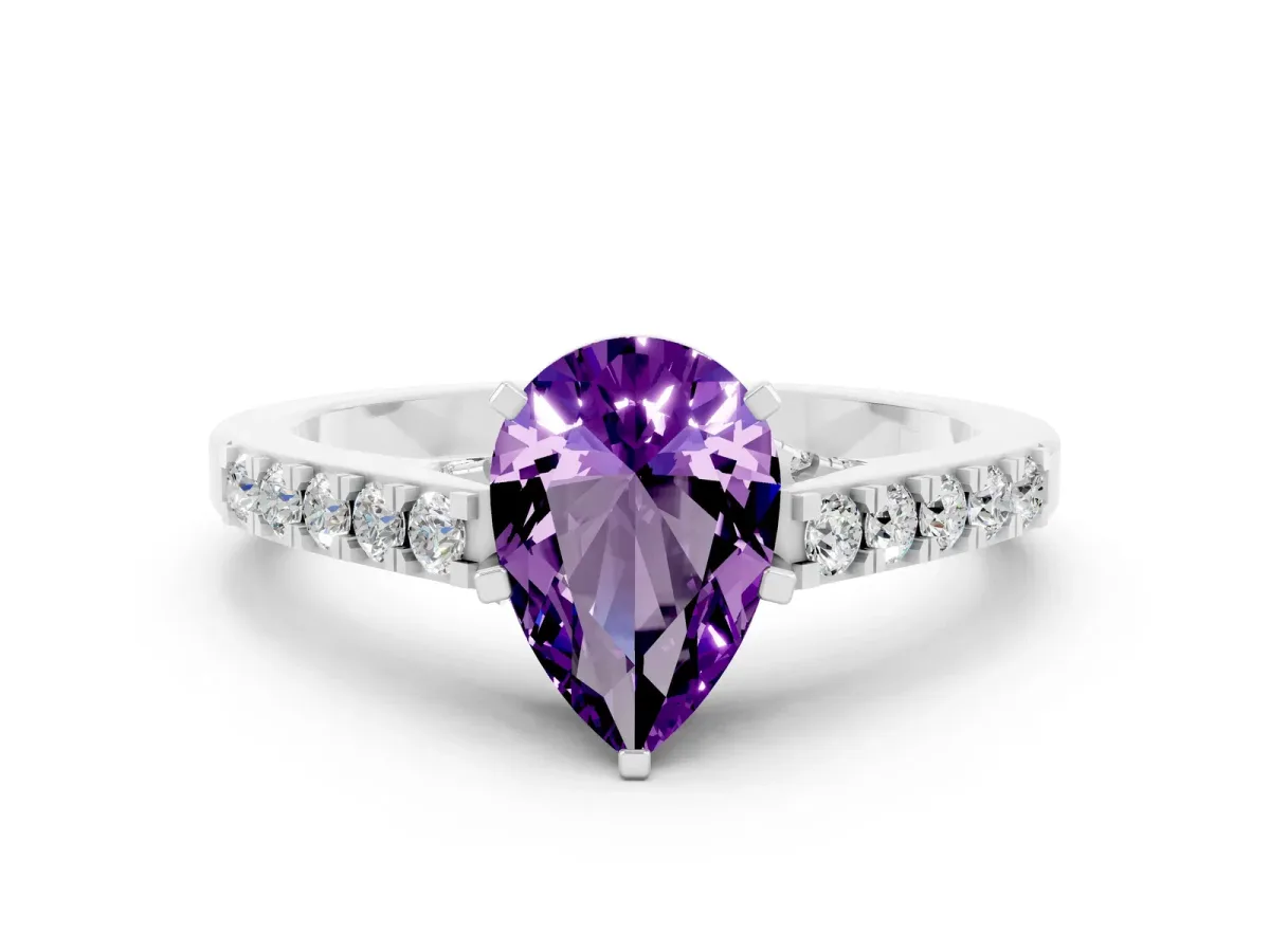 Pear Cut Amethyst Solitaire Ring with Crossover Gallery and Round Pavé Band Silver