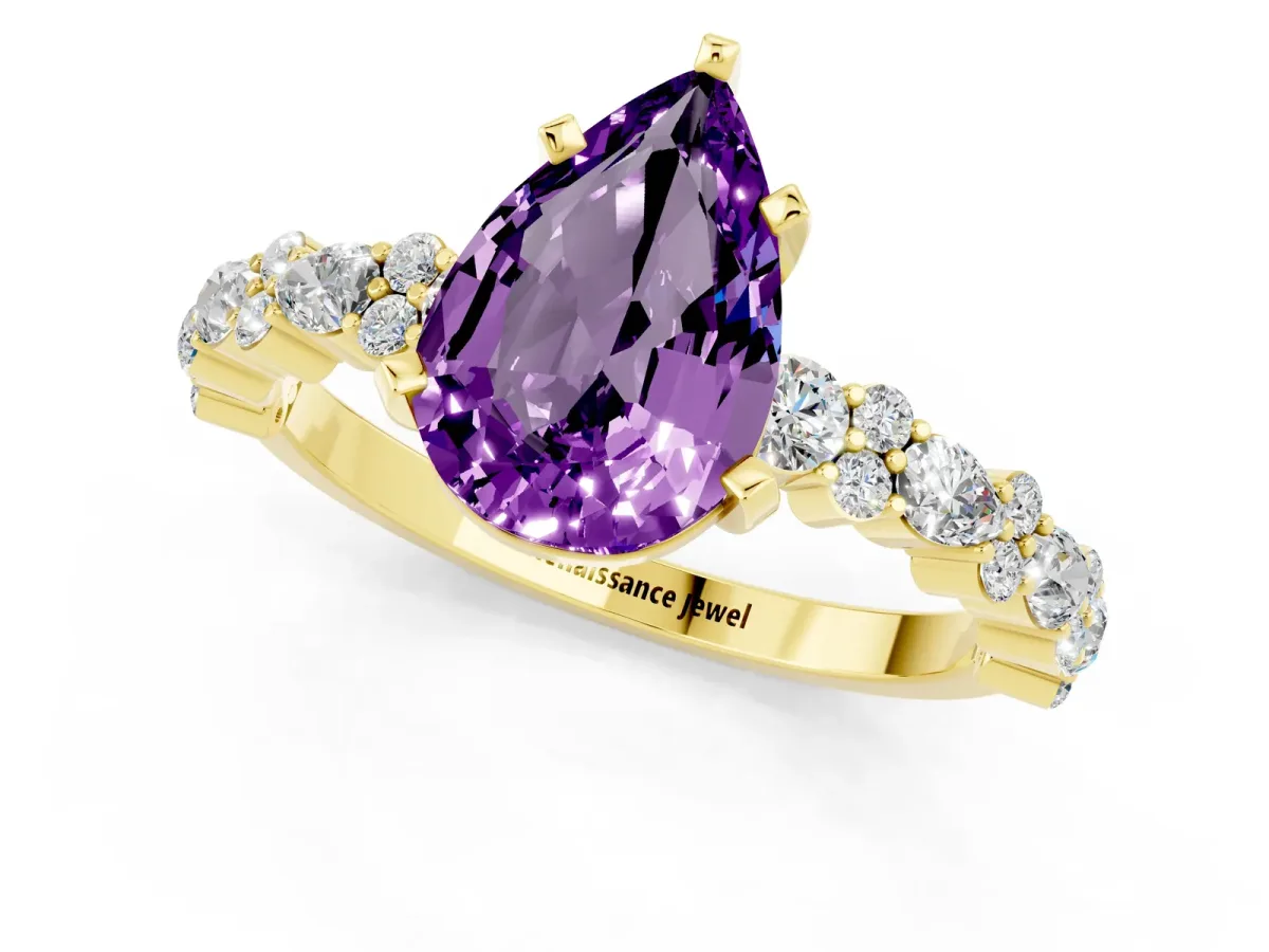 Pear Cut Amethyst Side Stone Solitaire Ring with Round and Four-Prong Setting Yellow gold