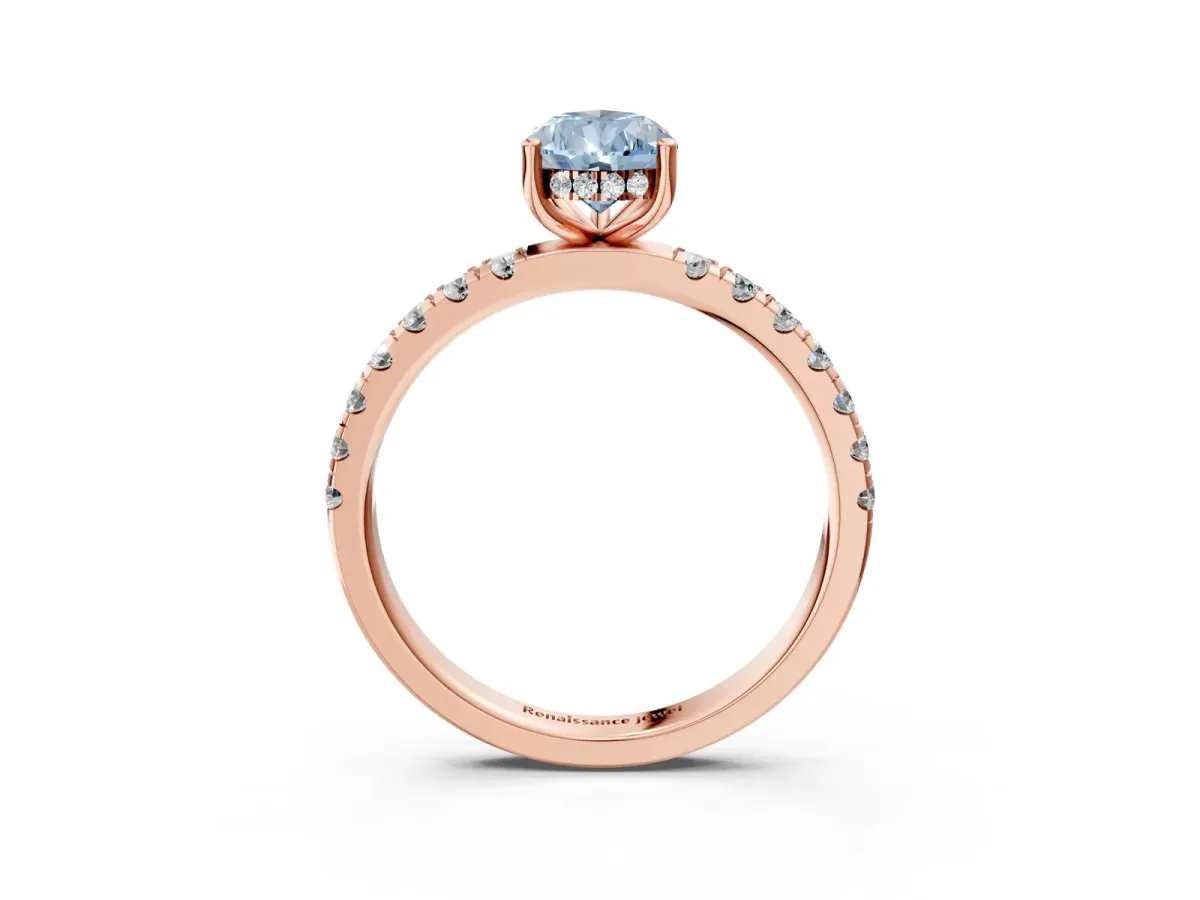 Fancy Blue Pear Cut Diamond Pave Band Solitaire Ring with Round and Prong Setting Rose gold