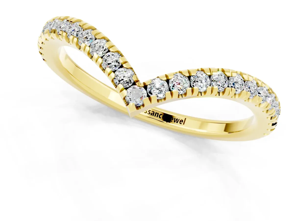 Pavé Round Moissanite V-Shaped Chevron Band with Shared Prong Setting Yellow gold