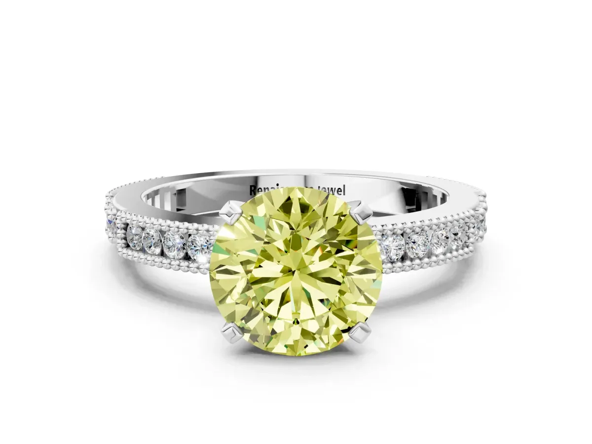 Fancy Yellow Round Cut Solitaire with Pavé Band and Four-Prong Setting Silver