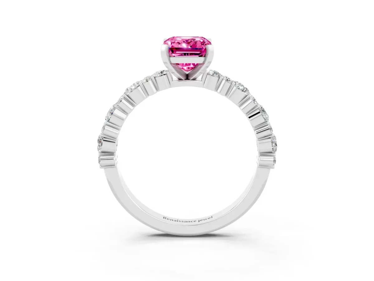 Emerald Cut Pink Sapphire Side Stone Solitaire Ring with Round and Four-Prong Setting White gold