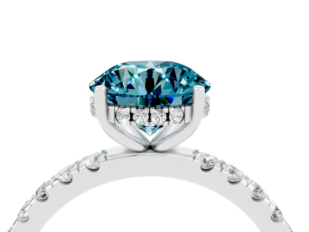 Round Cut Blue Topaz Pave Band Solitaire Ring with Round and Prong Setting Platinum