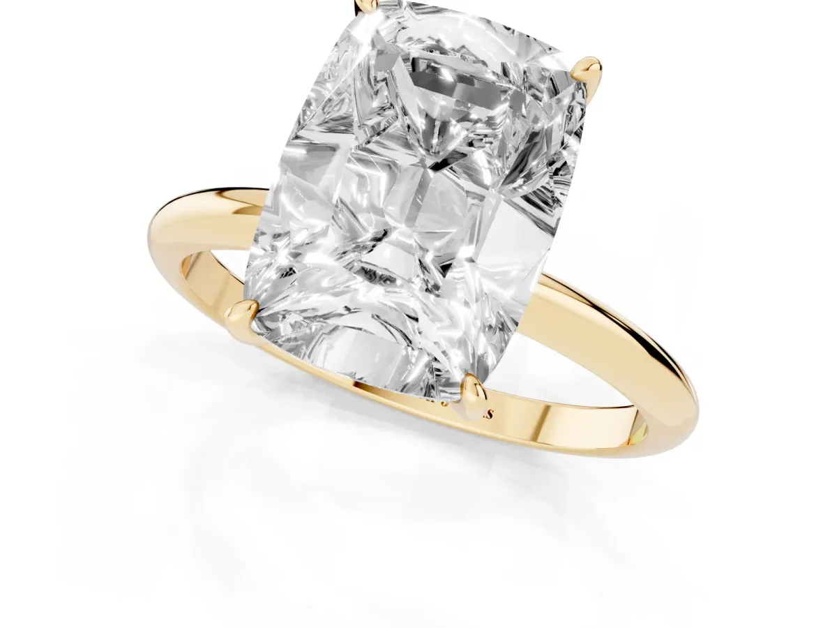 Old Mine Elongated Cushion Diamond Classic Band Four Prong Solitaire Ring Yellow gold