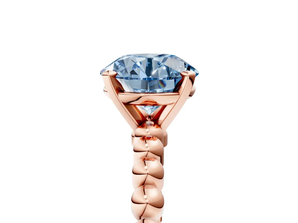 Fancy Blue Round Cut Diamond Solitaire Ring with Beaded Band and Prong Setting Rose gold