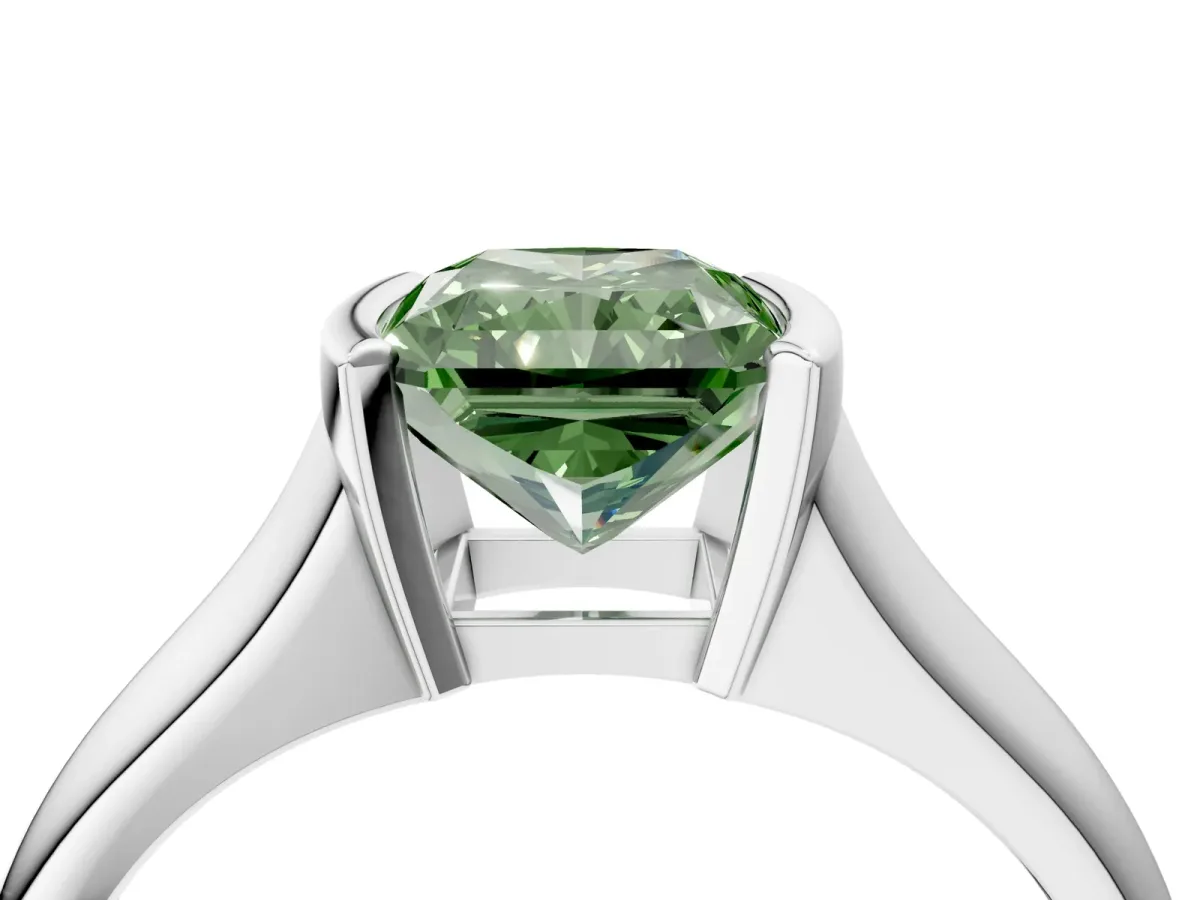 Fancy Green Radiant Cut Solitaire Tension Set Diamond Ring with Split Shank Band Platinum