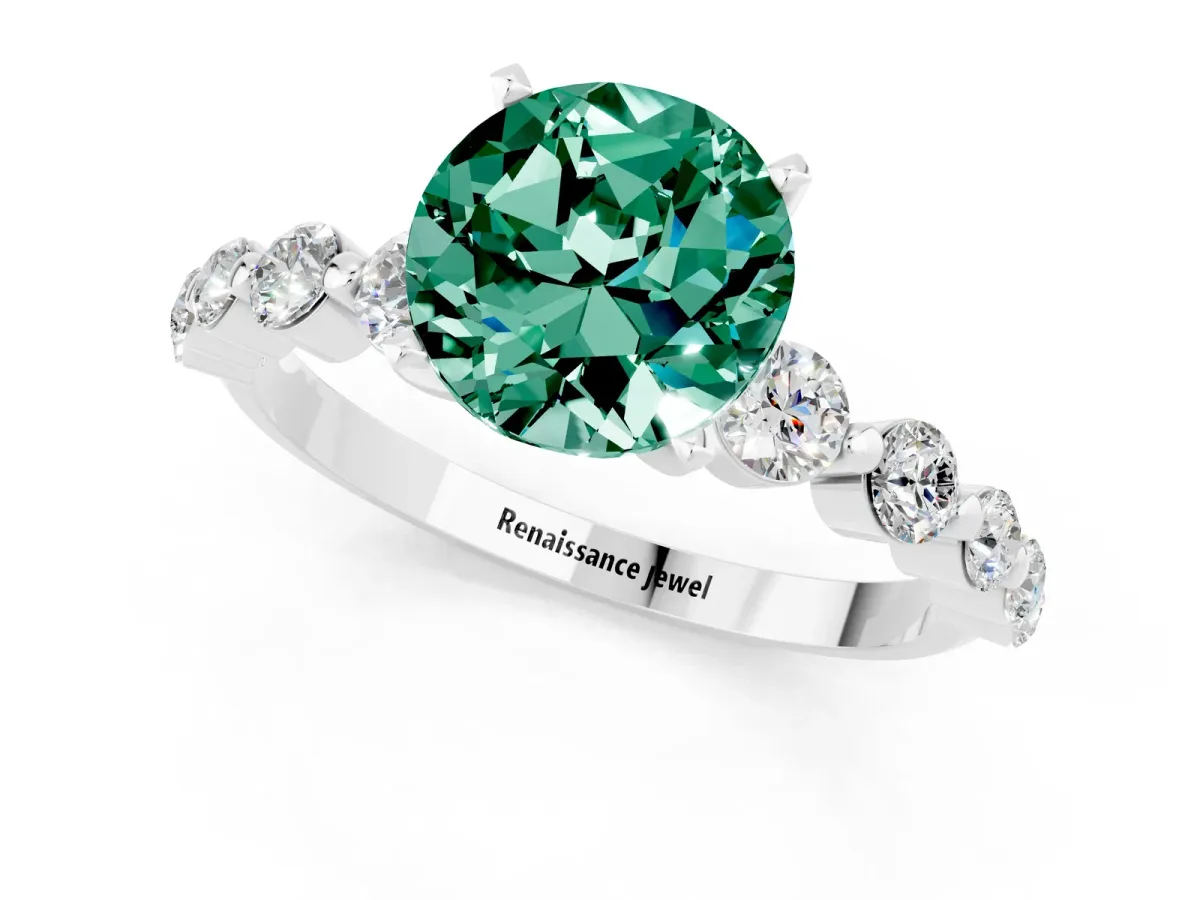 Round Cut Solitaire Green Sapphire Ring with Pave Band and Four-Prong Setting Silver