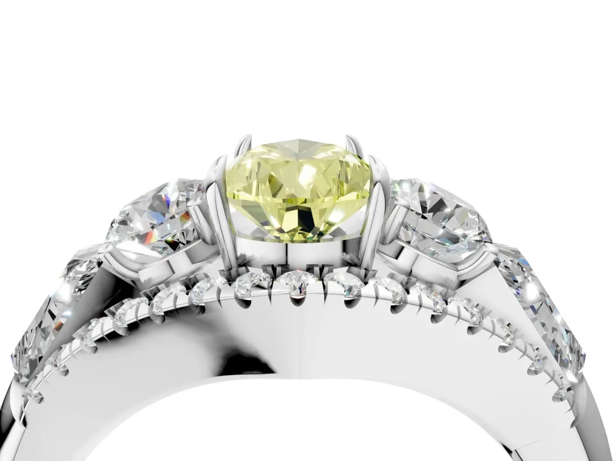 Fancy Yellow Three-Stone Pear Cut Diamond Engagement Ring with Pave Band and Prong Setting Platinum