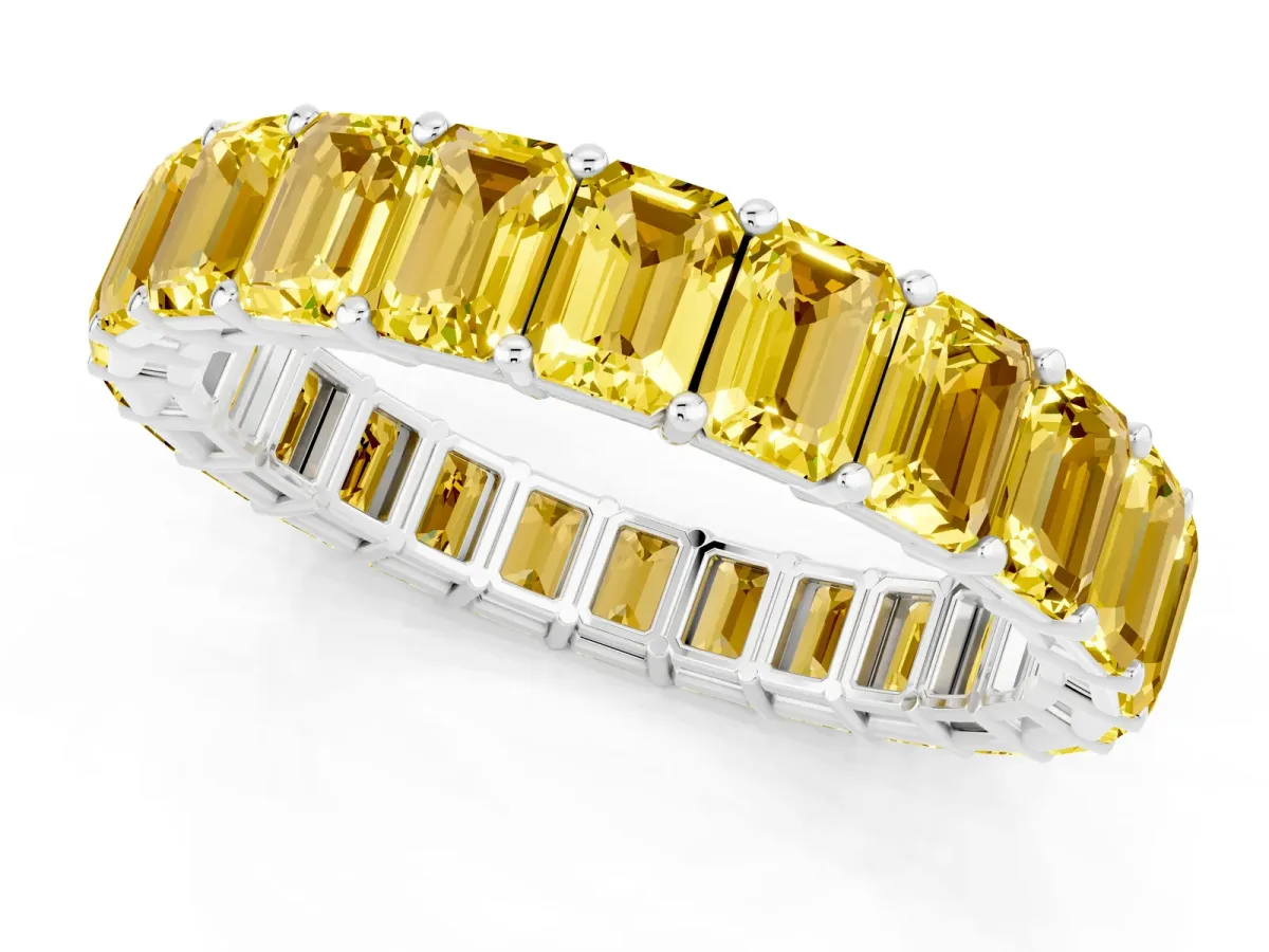 Emerald Cut Yellow Sapphire Eternity Band with Shared Prong Setting Silver