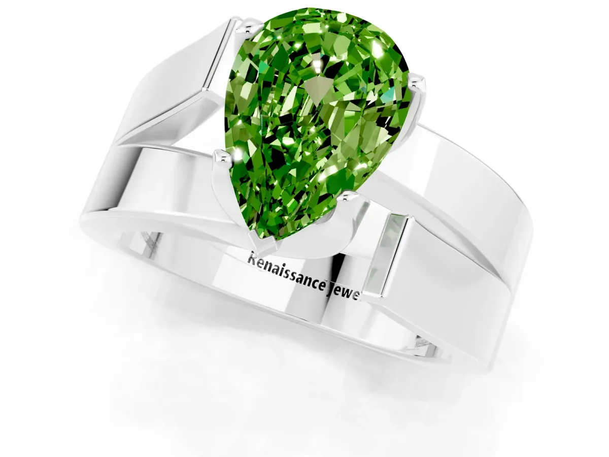 Modern Tension Set Pear Cut Peridot Solitaire Wide Band Ring Platinum