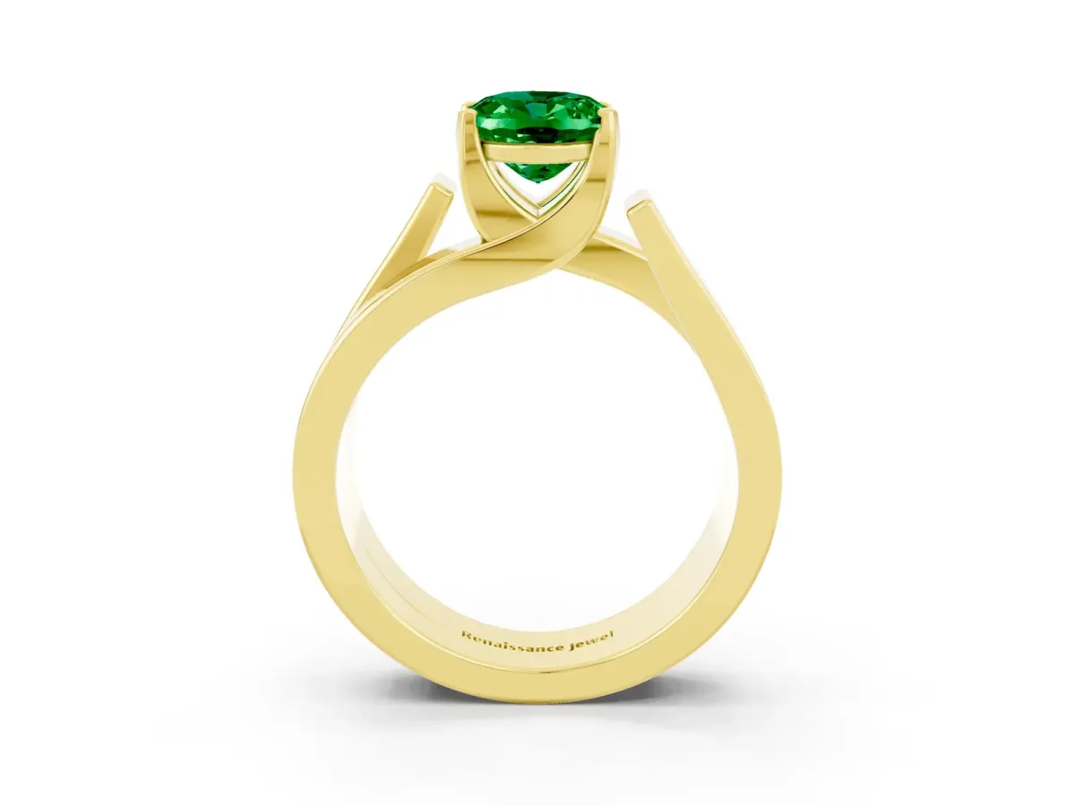 Modern Tension Set Oval Cut Emerald Solitaire Wide Band Ring Yellow gold
