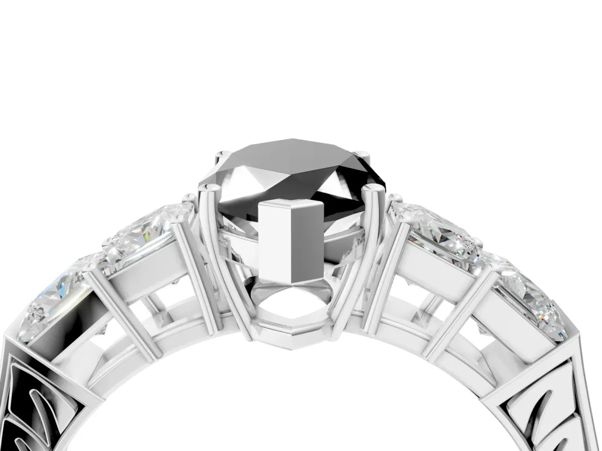 Fancy Black Marquise Cut Solitaire Princess Side Stone Engraved Band Prong Setting Ring Platinum