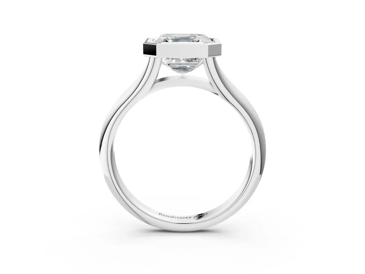 Bezel Set Asscher Cut Solitaire Diamond Ring with Smooth Band Platinum