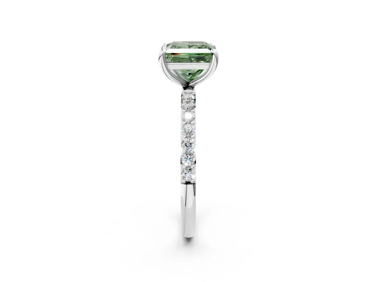Fancy Green Princess Cut Diamond Solitaire Ring with Round Pavé Band and Prong Setting Silver