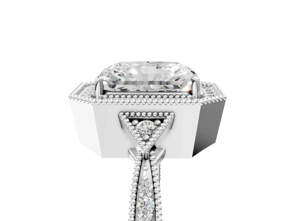 Radiant Cut Halo Round Diamond Milgrain Pave Engagement Ring Platinum