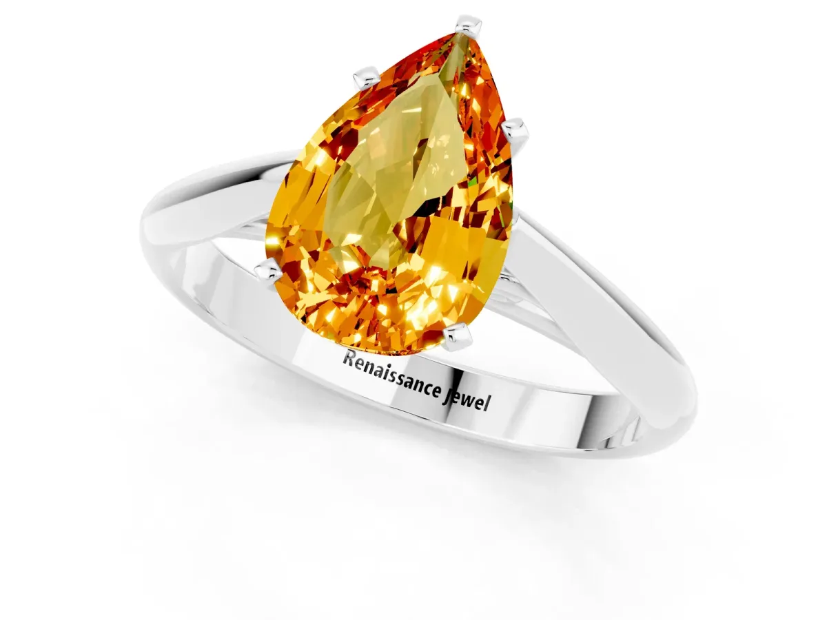 Pear Cut Citrine Solitaire Engagement Ring with Cathedral Setting and Four-Prong Mount White gold