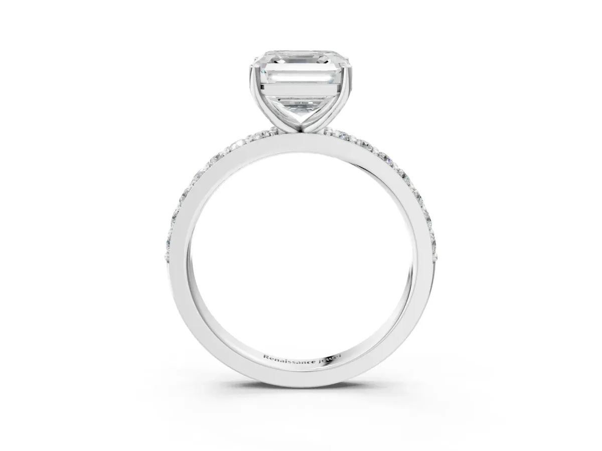 Asscher Cut Cut Diamond Solitaire with Pave Band and Four-Prong Setting Platinum