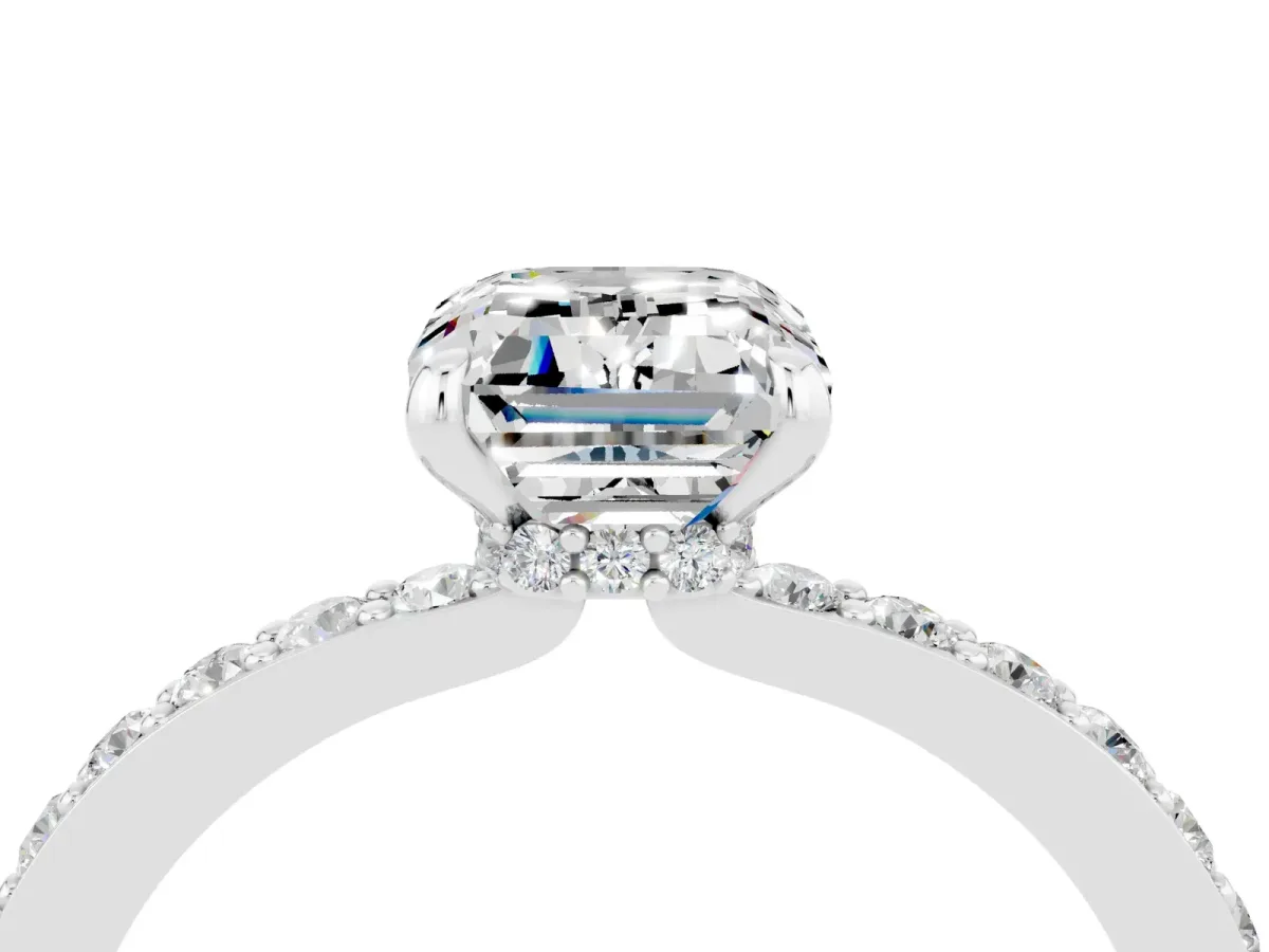Emerald Cut Moissanite Solitaire Engagement Ring with Pavé Band and Four-Prong Setting Silver