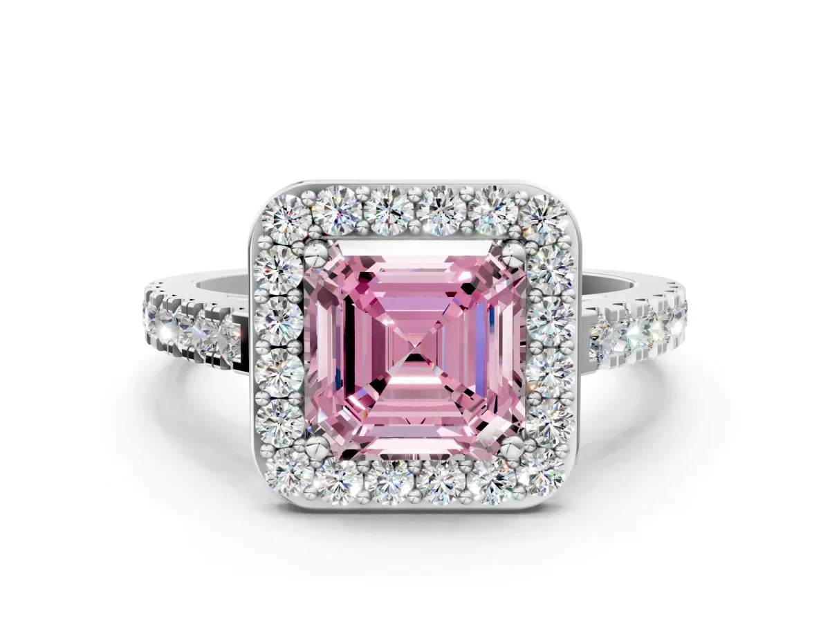 Fancy Pink Asscher Cut Diamond Halo Ring with Round Pavé Split Shank and Prong Setting Platinum