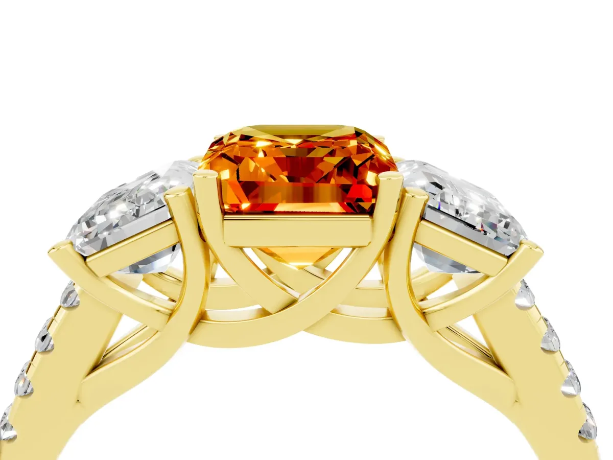 Three-Stone Emerald Cut Citrine Ring with Round Pavé Band and Prong Setting Yellow gold