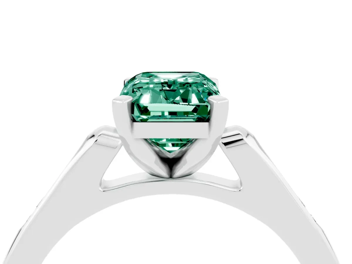 Emerald Cut Green Sapphire Solitaire Ring with Channel Set Round Band and Prong Setting Silver