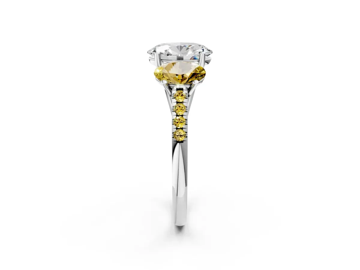 Three-Stone Oval Cut Diamond Ring with Round Yellow Sapphire Pavé Band and Prong Setting Silver