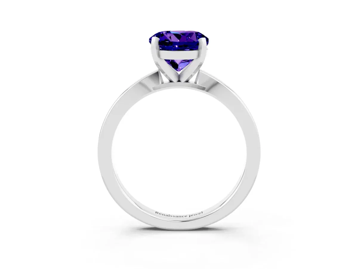 Round Cut Tanzanite Solitaire Engagement Ring with Classic Band and Four-Prong Setting Silver