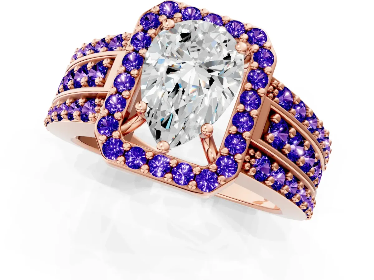 Pear Cut Halo Diamond Ring with Round Tanzanite Split Shank and Prong Setting Rose gold