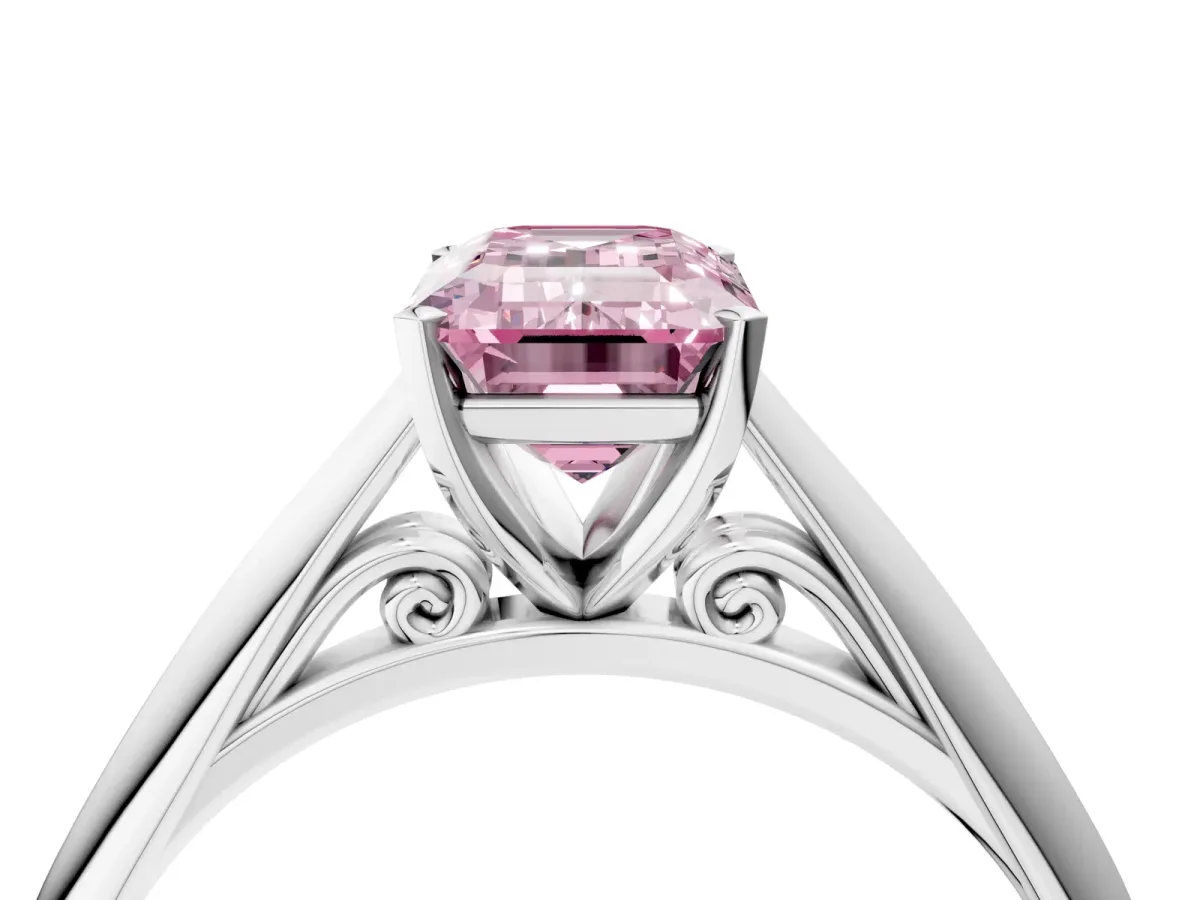Fancy Pink Emerald Cut Diamond Solitaire Engagement Ring with Cathedral Setting and Four-Prong Mount White gold