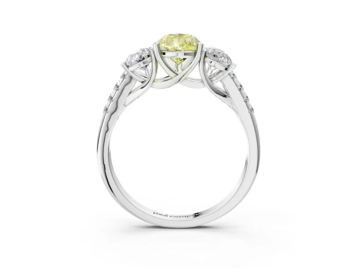 Fancy Yellow Three-Stone Pear Cut Diamond Ring with Round Pavé Band and Prong Setting Silver