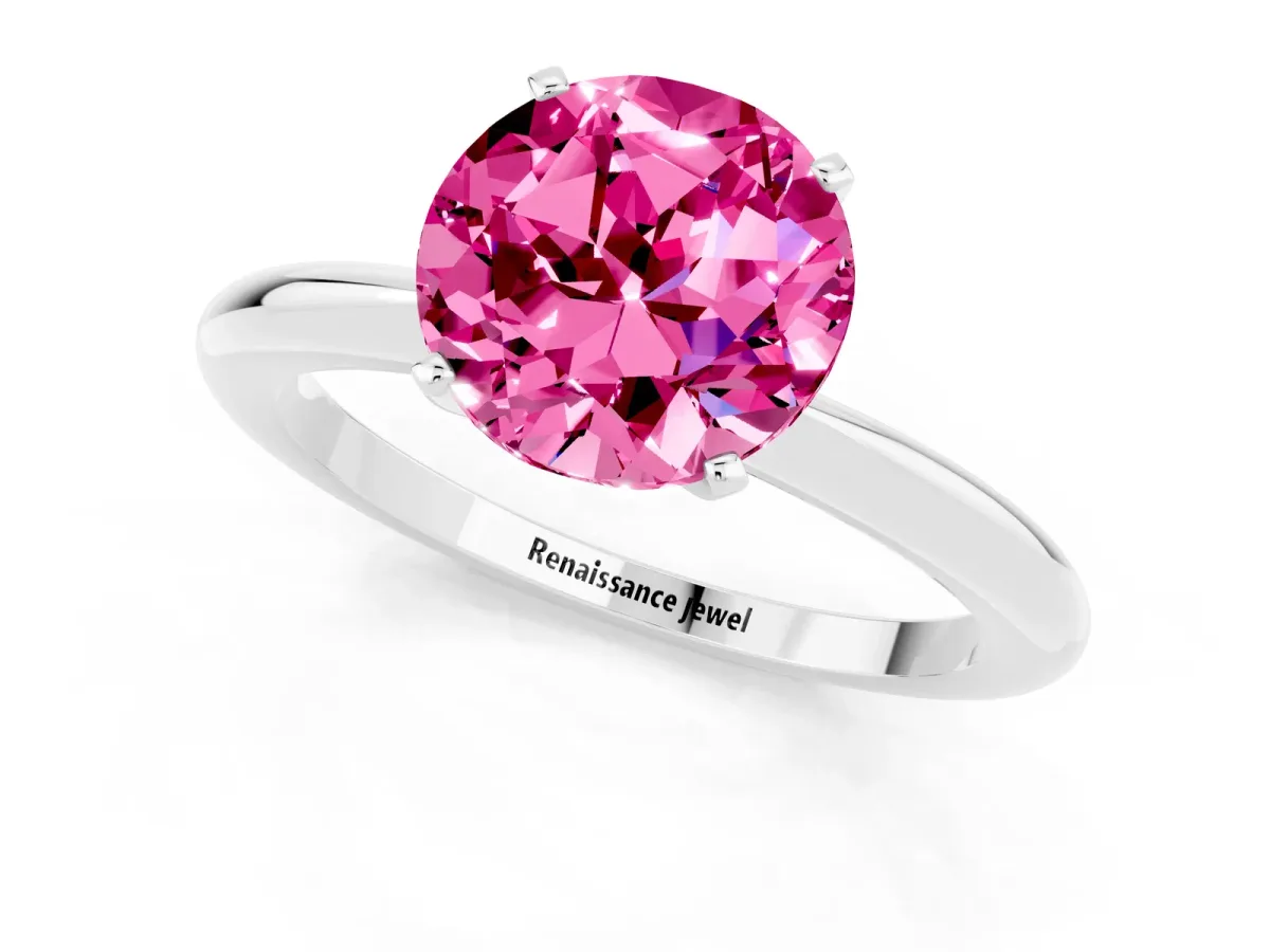 Round Cut Pink Sapphire Solitaire Ring with Six-Prong Setting and Classic Band Silver