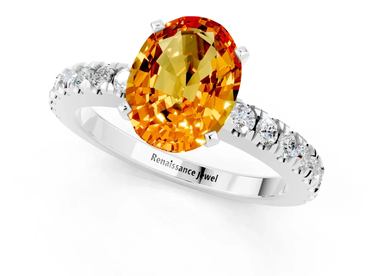 Oval Cut Solitaire Citrine with Pavé Band and Four-Prong Setting Platinum