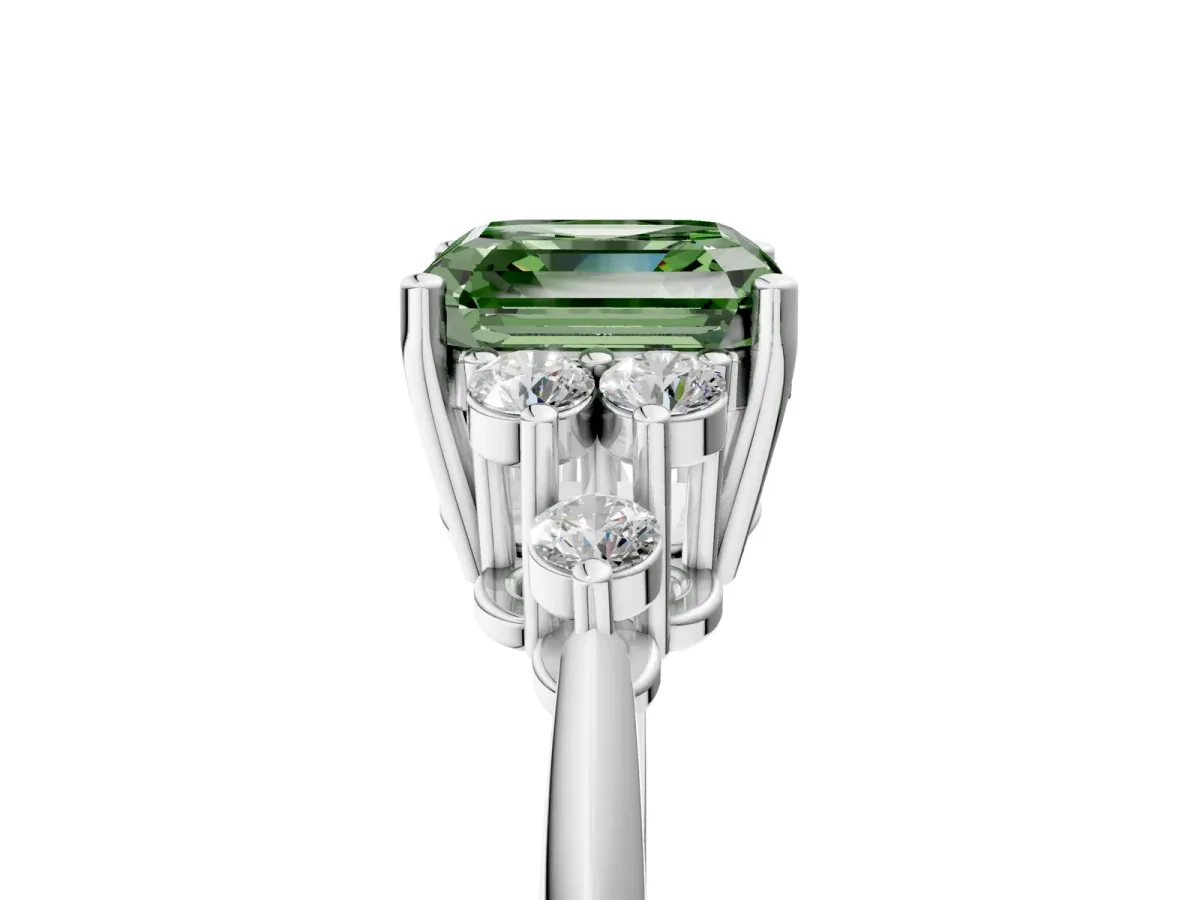 Fancy Green Asscher Cut Cut Diamond Cluster Ring with Solitaire Band and Four-Prong Setting Platinum
