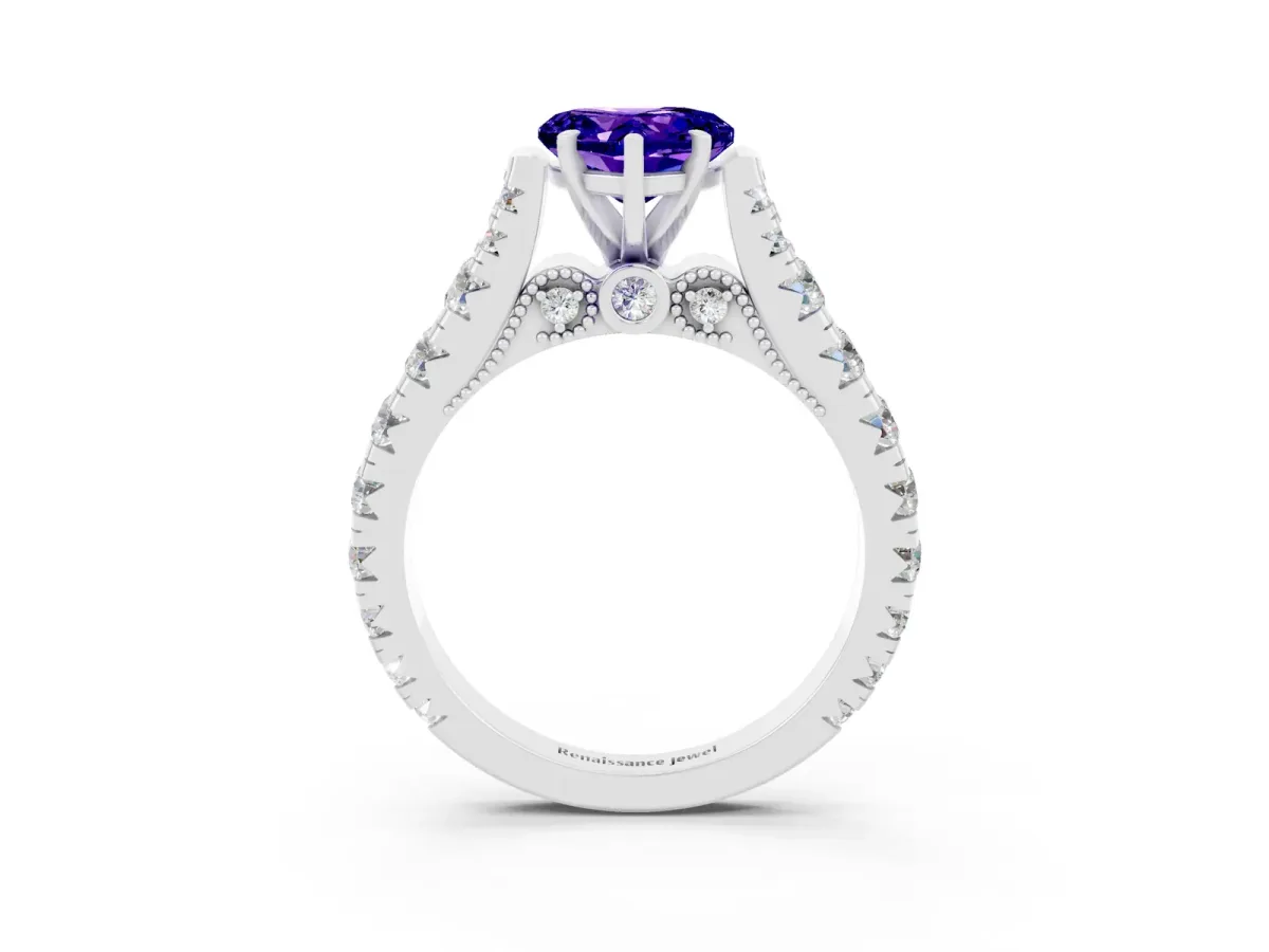 Heart Cut Tanzanite Classic Solitaire Ring with Pavé Band and Four-Prong Setting Silver