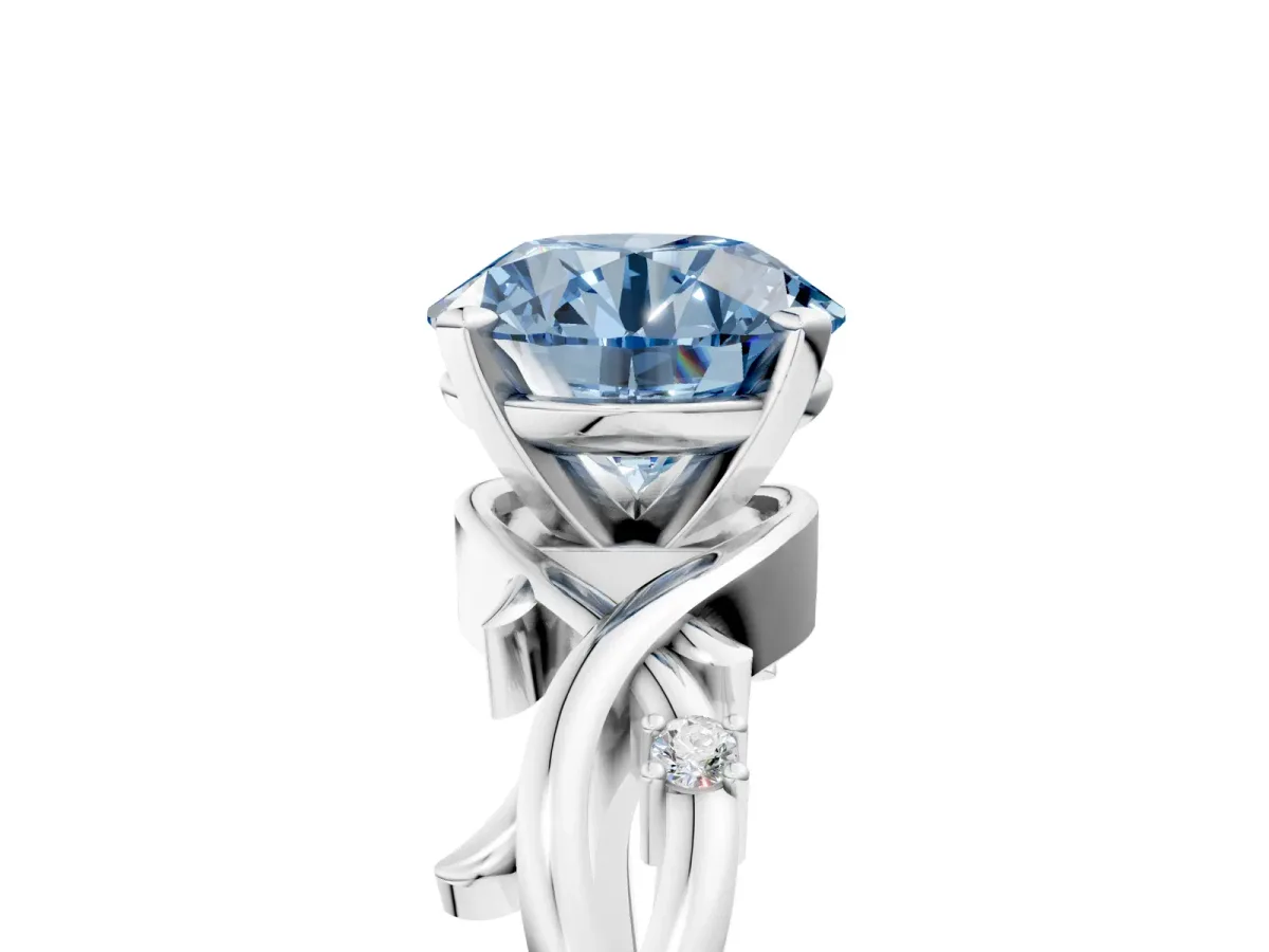 Fancy Blue Round Cut Diamond Solitaire Ring with Twisted Band and Prong Setting White gold