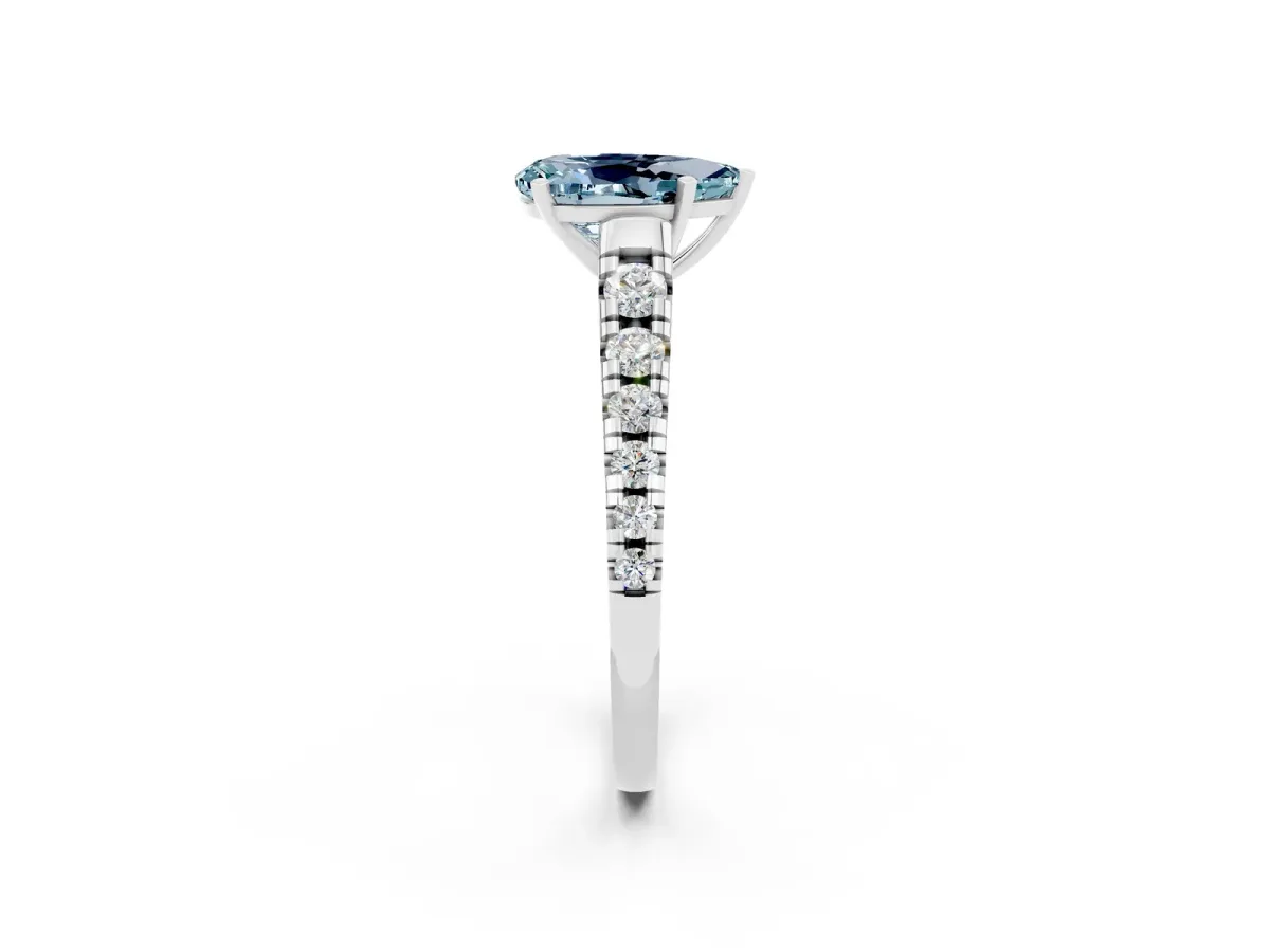 Pear Cut Aquamarine Cathedral Solitaire Ring with Round Pavé Band Silver