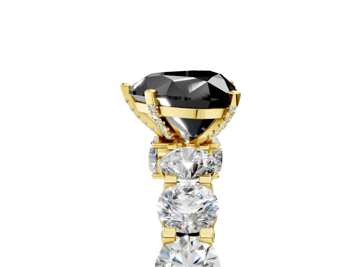 Fancy Black Heart Cut Diamond Side Stone Engagement Ring with Four-Prong Setting Yellow gold