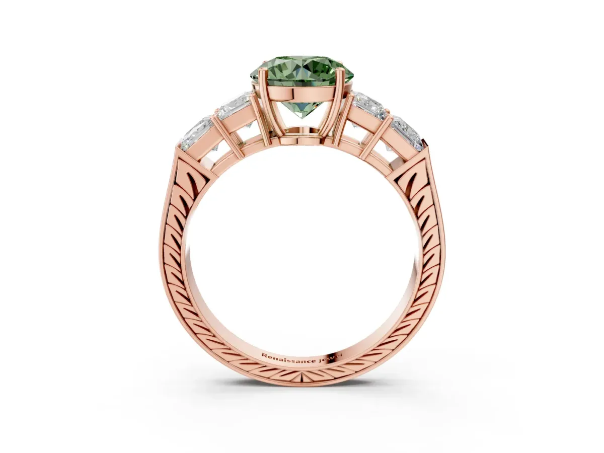 Fancy Green Round Cut Solitaire Princess Side Stone Engraved Band Prong Setting Ring Rose gold