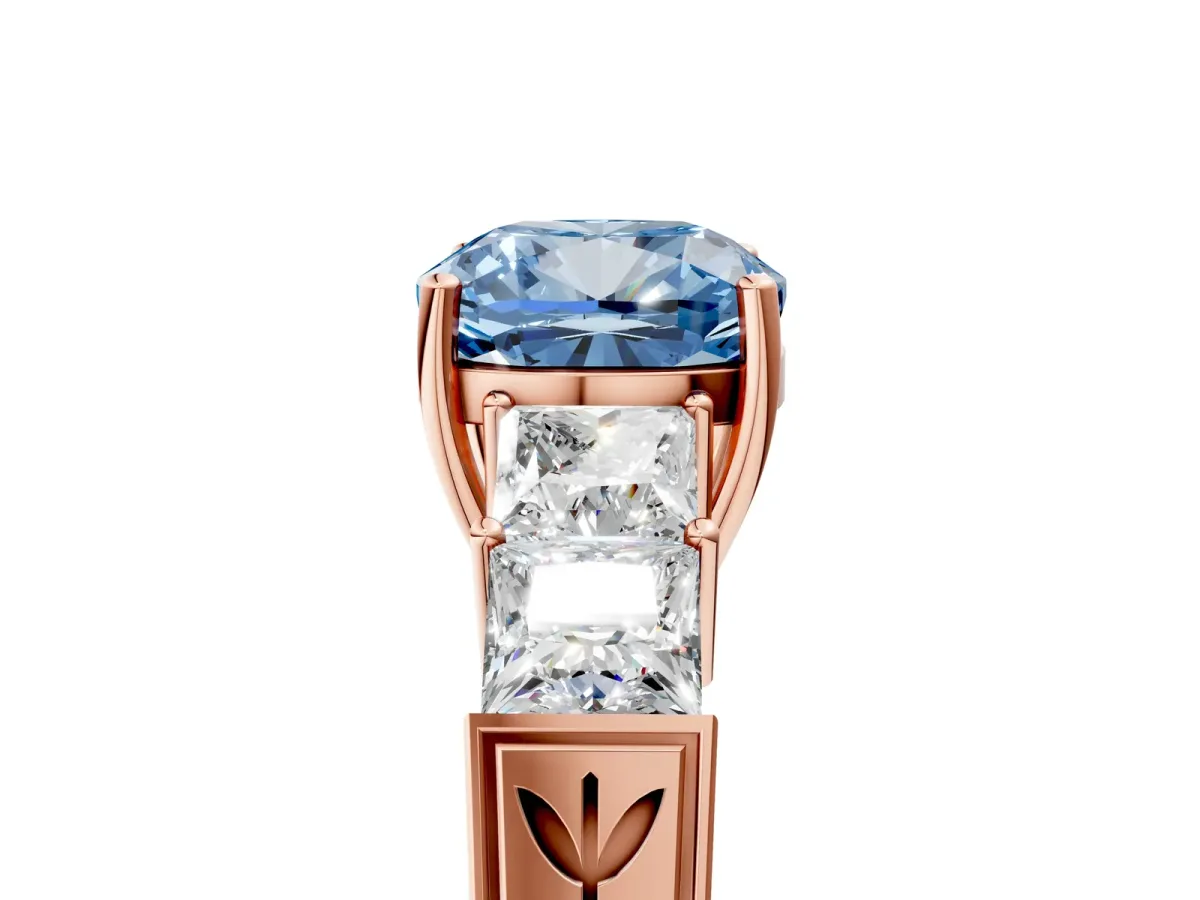 Fancy Blue Cushion Cut Solitaire Princess Side Stone Engraved Band Prong Setting Ring Rose gold