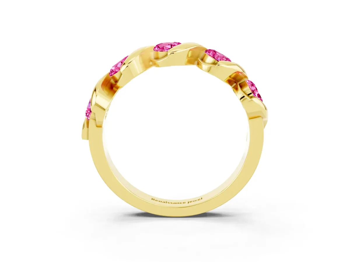 Round Pink Sapphire Wave Band with Channel Setting and Shared Prongs Yellow gold