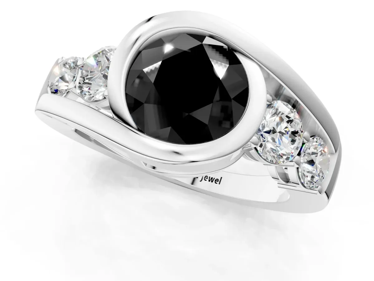 Fancy Black Bezel Set Round Cut Diamond Bypass Ring with Round Accents Platinum