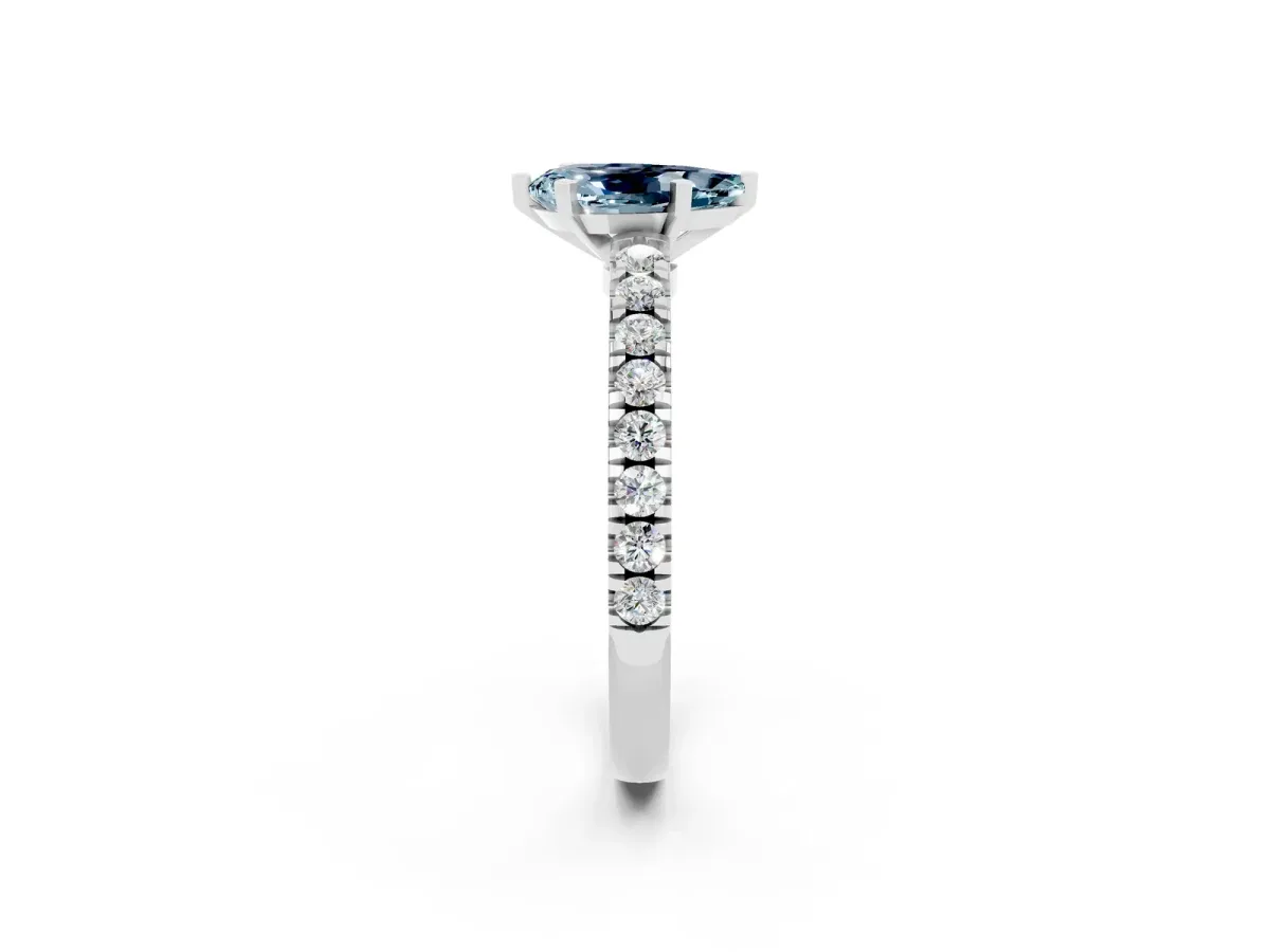 Pear Cut Solitaire Aquamarine with Pavé Band and Four-Prong Setting Silver