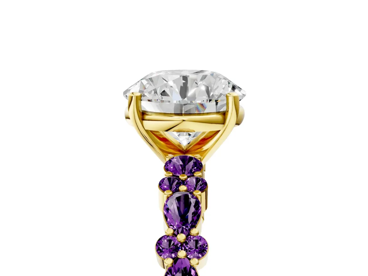 Round Cut Diamond Side Stone Solitaire Ring with Round Amethyst and Four-Prong Setting Yellow gold