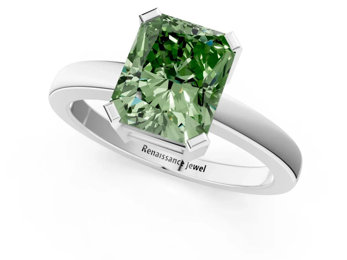 Fancy Green Radiant Cut Cut Solitaire Ring with Four-Prong Setting and Classic Band Platinum