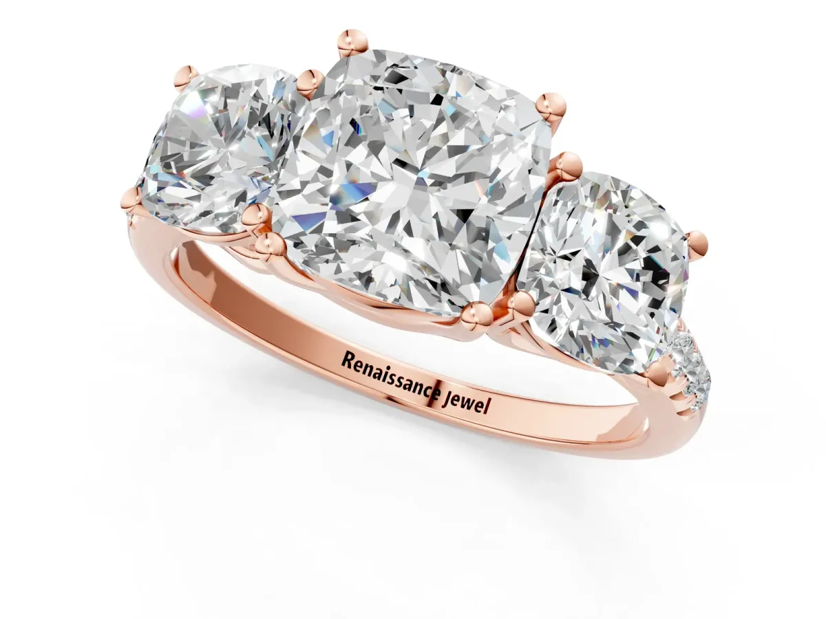 Three-Stone Cushion Cut Diamond Ring with Round Pavé Band and Prong Setting Rose gold