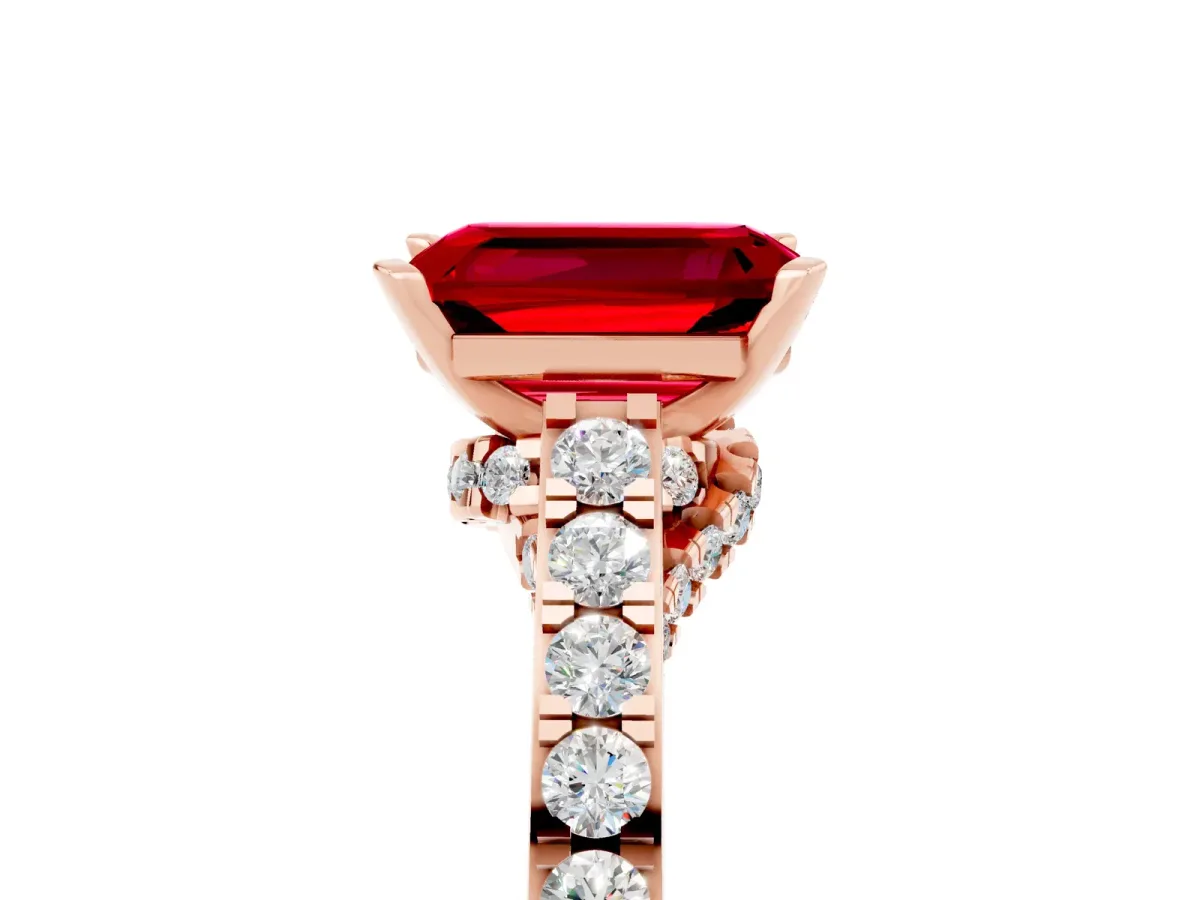 Emerald Cut Ruby Solitaire Ring with Crossover Gallery and Round Pavé Band Rose gold