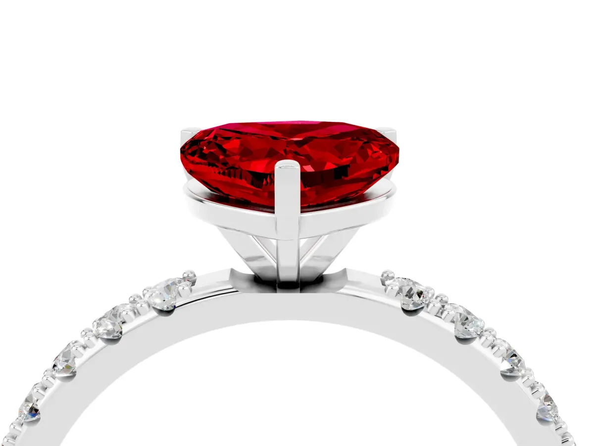 Heart Cut Ruby Solitaire Pavé Band with Four-Prong Setting White gold