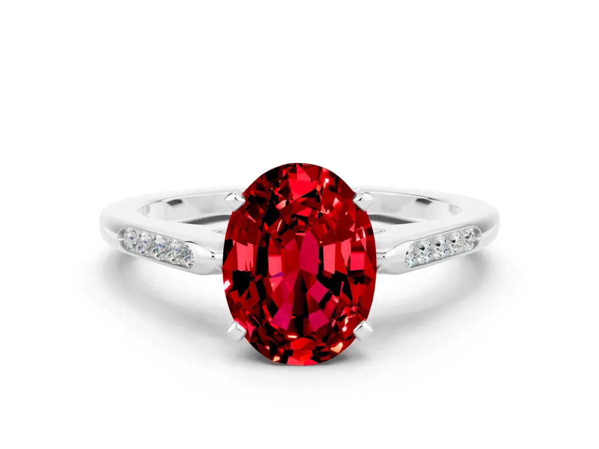 Oval Cut Ruby Solitaire Ring with Channel Set Round Band and Prong Setting Silver
