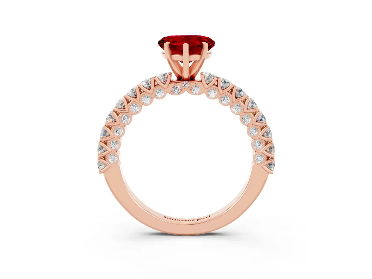 Heart Cut Ruby Solitaire Ring with Round Accent Pavé Band and Prong Setting Rose gold